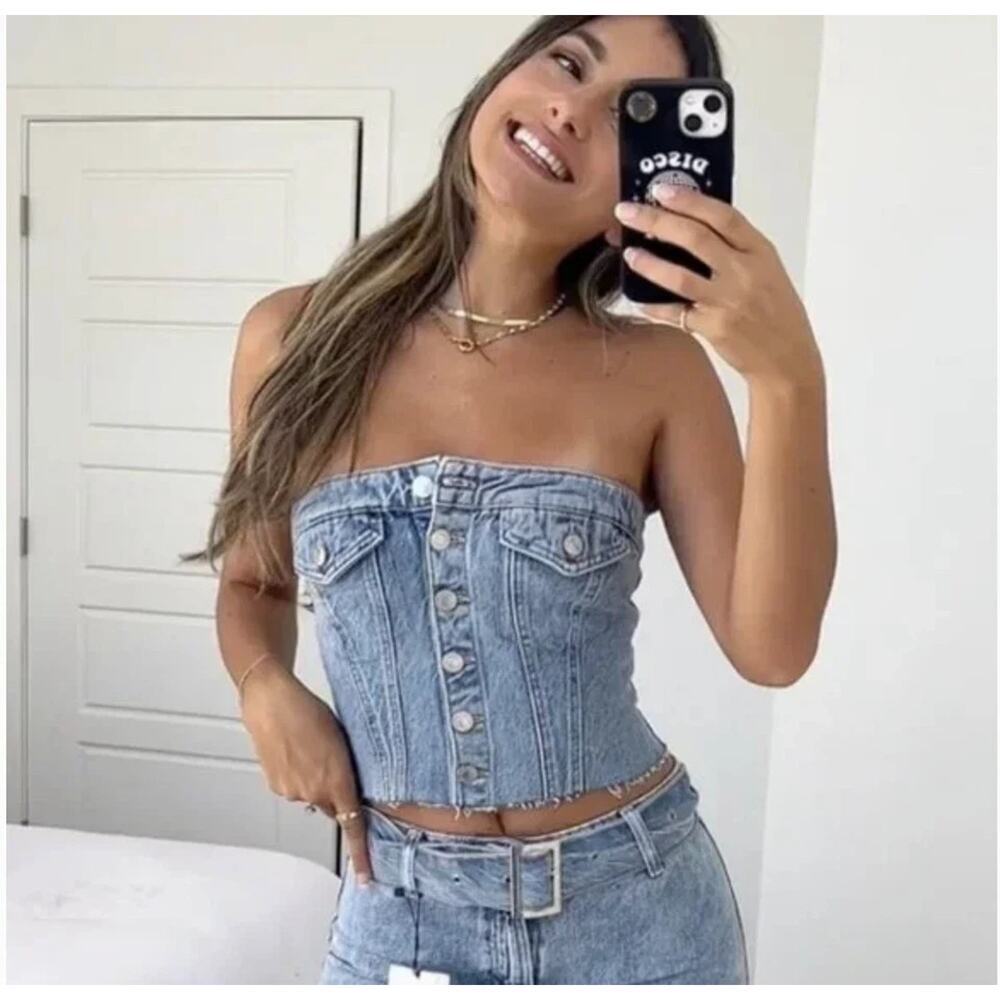 ZARA Denim Corset Tube Top XXL Strapless Bustier Y2K Grunge Coquette Festival